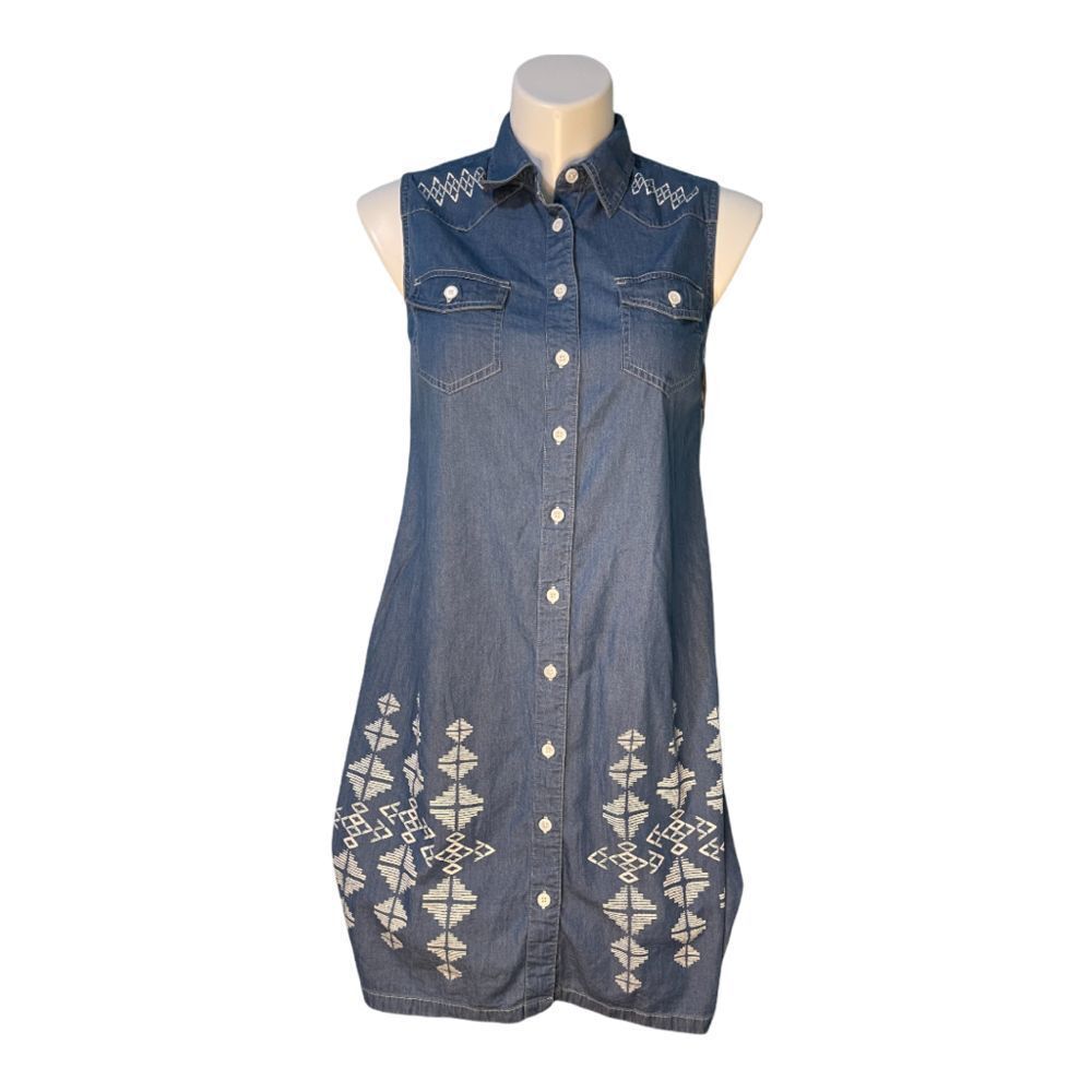 BIT & Bridle Sleeveless Button Front Denim Jean Dress Blue‎ S